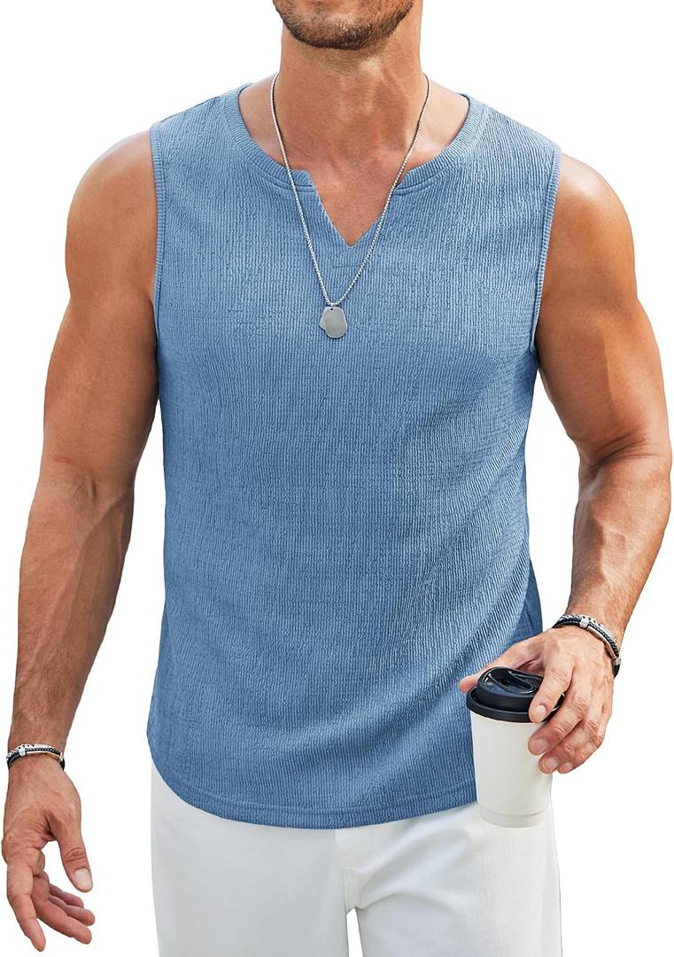 COOFANDY Men's Casual Tank Tops Knit V Neck Sleeveless T Shirts 2 Pack Summer Beach Lightweight Muscle Tee (Blue, S)