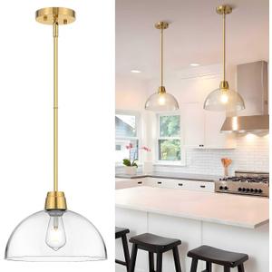 Modern Glass Pendant Light,12 Inch Dome Gold Pendant Lights Fixture with Clear Glass Shade, Blown Glass Ceiling Hanging Lighting for Kitchen Island Dining Room Bathroom Bar Restaurant