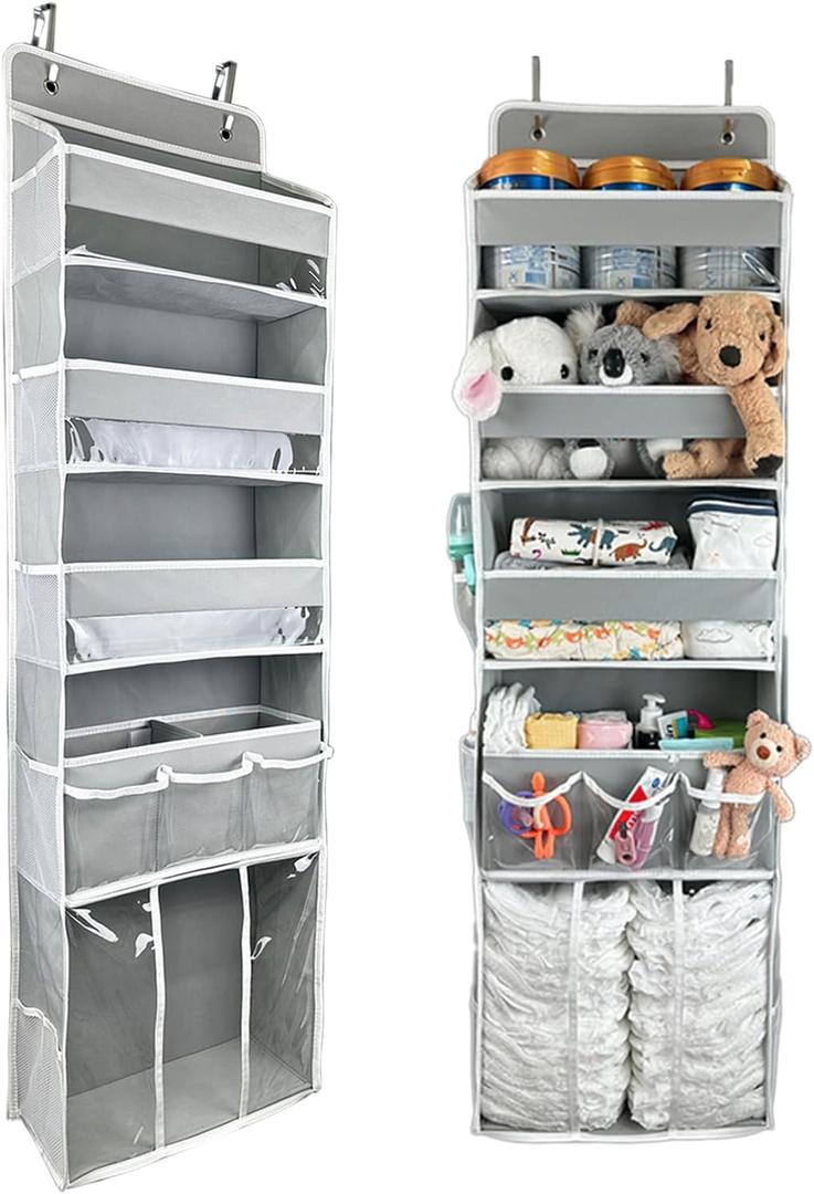 Door Hanging Storage Organizer, with 3 Bins 1 Movable Baby Diaper Caddy,1 Large capacity diaper stacking storage Organizer,10 Side Pockets ,Bedroom Door Storage for Nursery Baby Essentials. Grey 1 Pack.