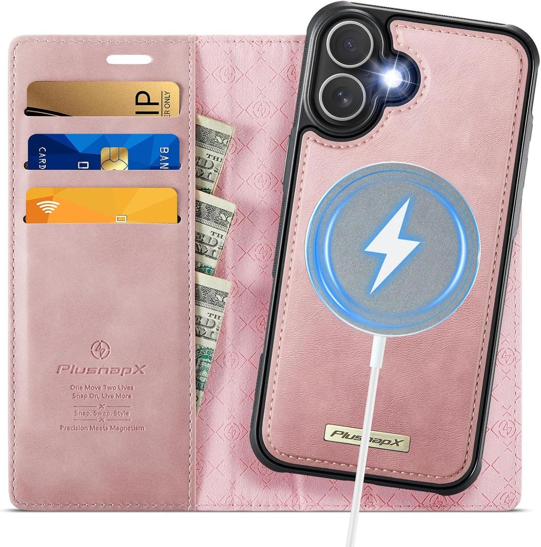 Wallet Case for iPhone 17 Compatible with Magsafe, 2-in-1 PU Leather Flip RFID Blocking Card Holder Stand Shockproof Magnetic Detachable Cover for iPhone 17 Case 6.3", Pink