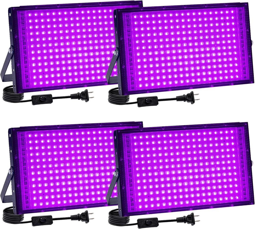 4 Pack 200W Black Light, LED Blacklight with US Plug and Switch, Black Lights for Glow and Neon Parties, Halloween, Body Painting, Birthday Party, Fluorescent Painting and Tapestry