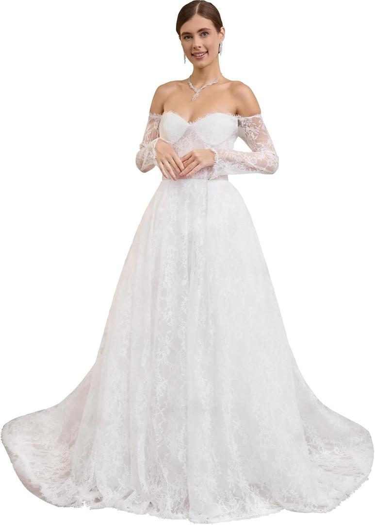 Women's Elegant Off-Shoulder Wedding Dress with French Lace Long Sleeves Floor-Length A-Line Bridal Gown for Engagement (White)