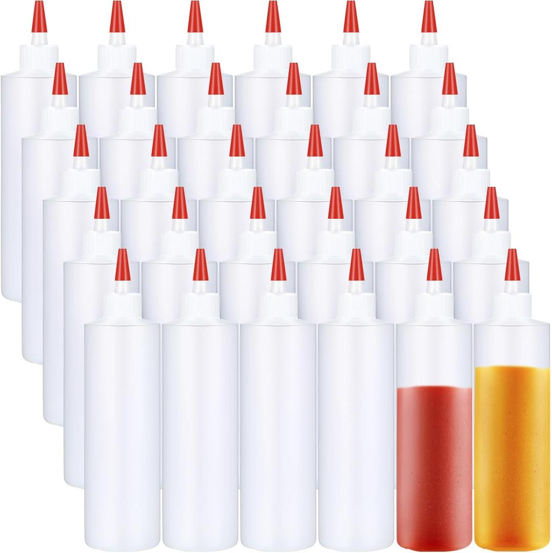Yaomiao 30 Pack 16 oz Plastic Squeeze Bottles for Condiments Sauces Empty Leak Proof Squeeze Bottles Squirt Containers with Red Tip Cap for Ketchup, Condiments, Olive Oil, Glue