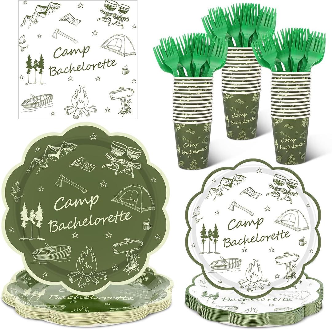 Zubebe 120 Pieces Camp Bachelorette Party Supplies Favors for 24 Guests, Paper Plates (7 and 9 Inch), Cups, Forks, Paper Napkins, Disposable Dinnerware for Party Decorations (Scalloped Style)