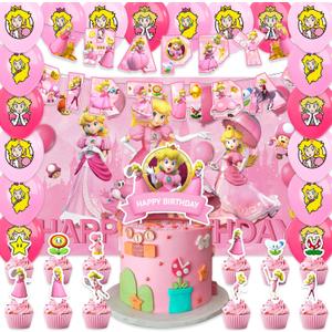 42pcs Princess Peach Birthday Party Supplies Pack IncludesBannerCake TopperBlackdrop,Balloons for Princess Peach party supplies