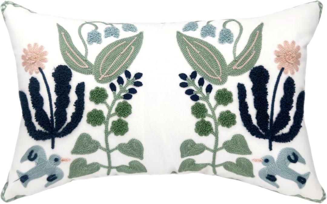 Alysheer Floral Embroidered Summer Lumbar Decorative Throw Pillow Cover 12"x 20", Farmhouse Cottage Navy Blue Green Flowers Leaves Patterned Cotton Canvas Cushion Case for Sofa Couch Bed Living Room (20" x 12" (Pack of 1))