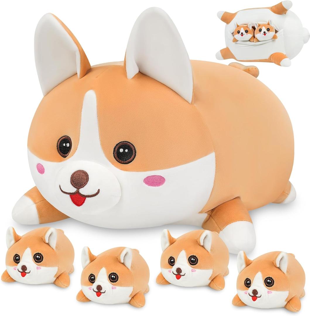 17" Corgi Plush, Soft Stuffed Animal Dog Pillow Toy, Corgi Mommy with 4 Baby Puppy Family Set, Cute Birthday Gift for Kids Boys Girls