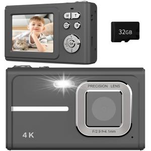 Digital Camera for Kids, 1080P FHD Camera, Autofocus 4K 48MP Point and Shoot Digital Camera 16X Zoom 32GB Card, with 2 Batteries Pink Compact Camera Gifts for Teens Kids Boys Girls, Black