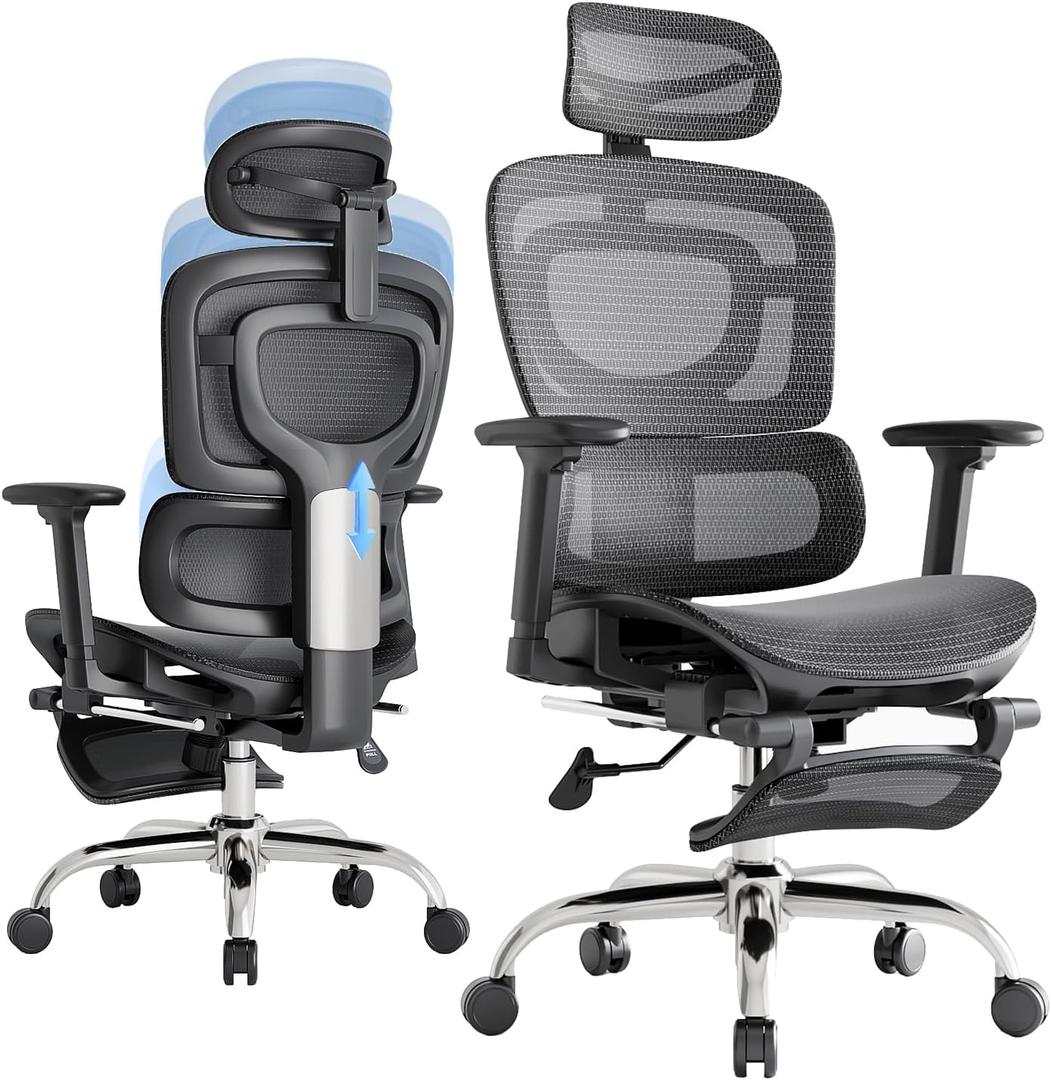 Ergonomic Office Chair, 3-Level Tilt Backrest, Breathable Mesh with Adjustable Lumbar Support, 3D Headrest and Armrests, Retractable Footrest, Grey