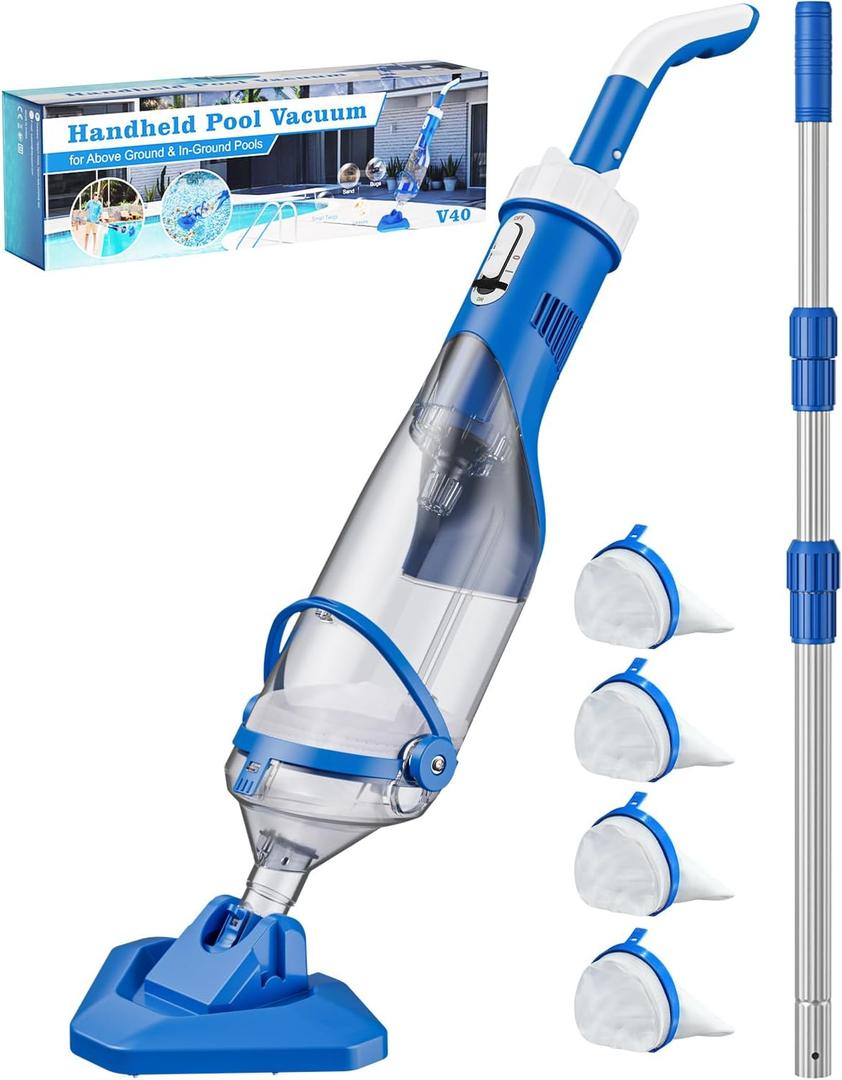 Cordless Pool Vacuum with Telescopic Pole, 18.5 GPM Powerful Suction, 1.5H Supercharge Technology, Handheld Rechargeable Pool Vacuum Cleaner for Above Ground/Inground Pools, Hot Tubs, Spas (Deep Blue)