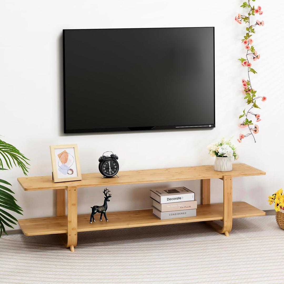 HollyHOME Bamboo TV Stand with Storage for TVs up to 65'', Modern Entertainment Center with 2 Open Shelf, Accent Media Console Table for Living Room, Bedroom, 55"(L)