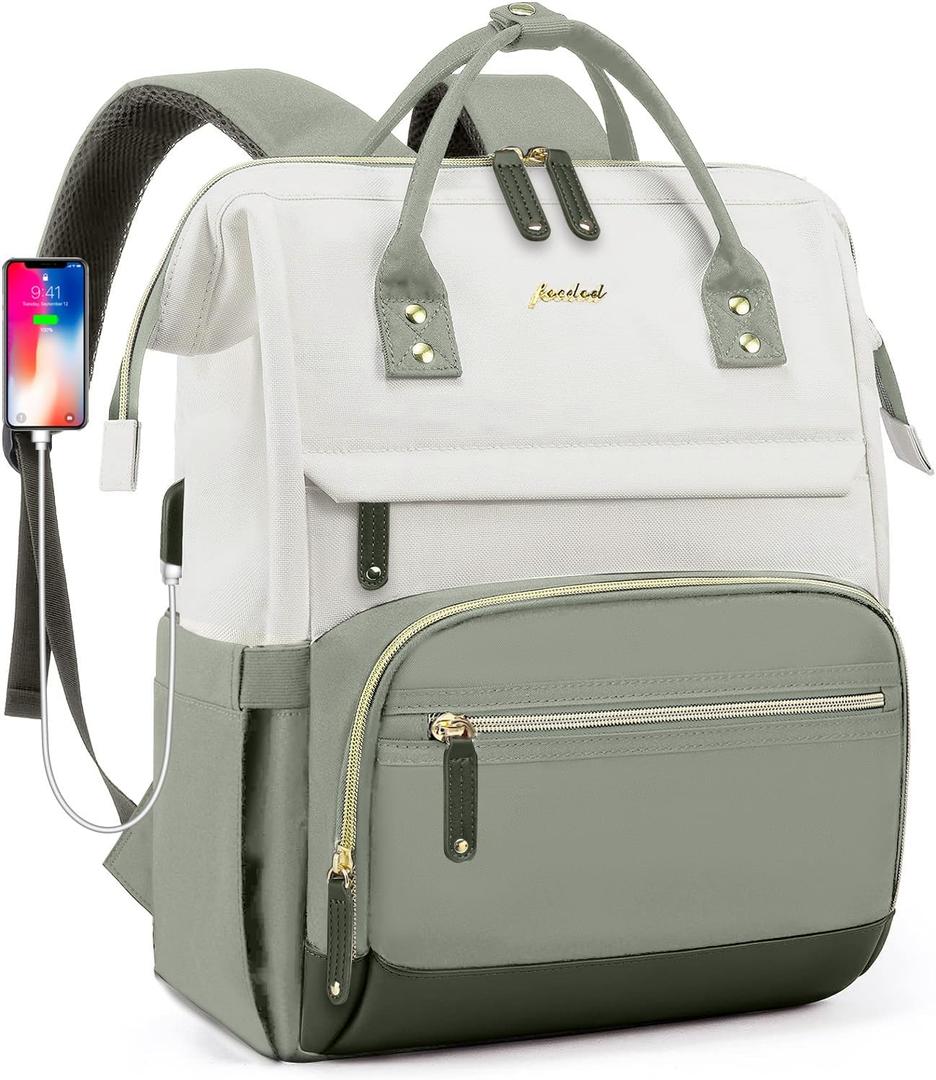 Laptop Backpack Women Work Bag: 15.6 inch Work Bookbag with USB Charging Port Large Travel Backpack Purse for College Nurse Casual Daypack for Teacher Professional Computer Backpack Beige Light Green