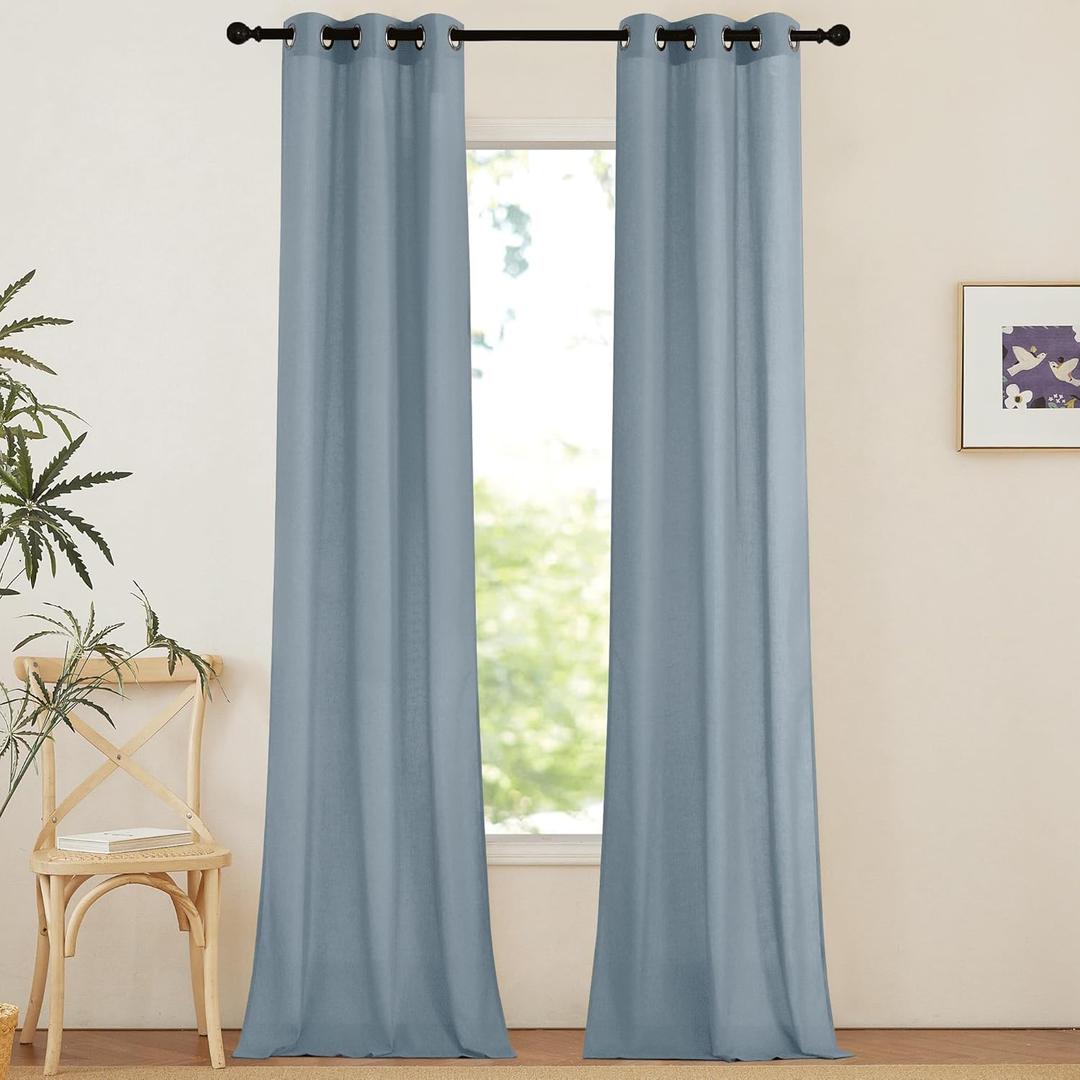 NICETOWN Linen Curtains 96 inches Long for Living Room, Grommet Semi Sheer Drapes Linen Weave Window Treatments Privacy Added with Light Filtering for Bedroom, Stone Blue, W34 x L96, 2 Panels