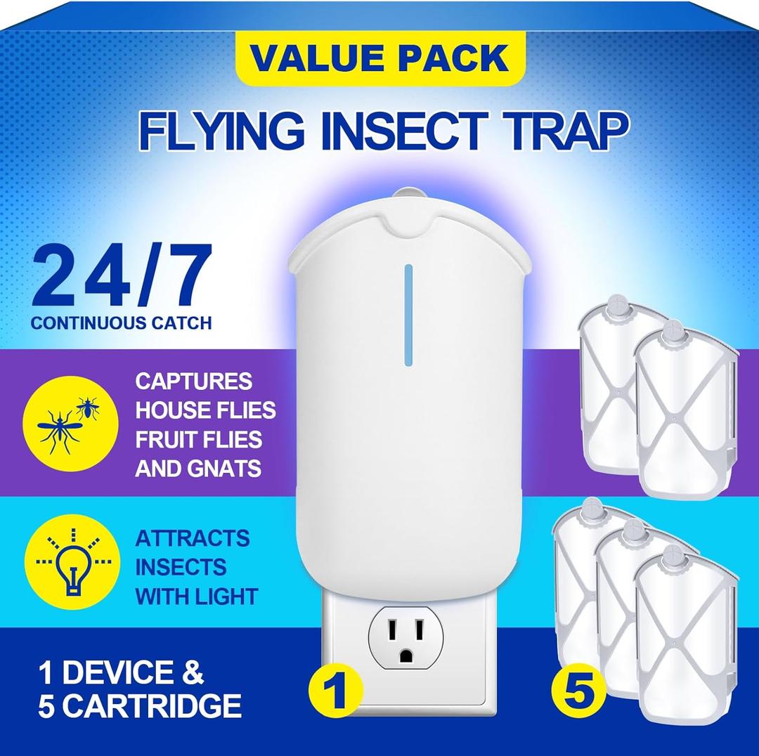 Flying Insect Trap & 5 Cartridges - Attracts and Traps Flying Insects Fruit Flies Mosquitoes - Compatible with M364A Refill (1 Plug-in Base + 5 Cartridges)