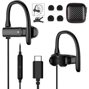 USB C Headphones Wired Earbuds for Apple/Android Anti Drop Over Ear Earhook Gym Sport Running Type C Earphones for iPhone 17 17e Air 16 15 16e for Samsung/Galaxy S26 S25 S24 for Google/Pixel 10 Black