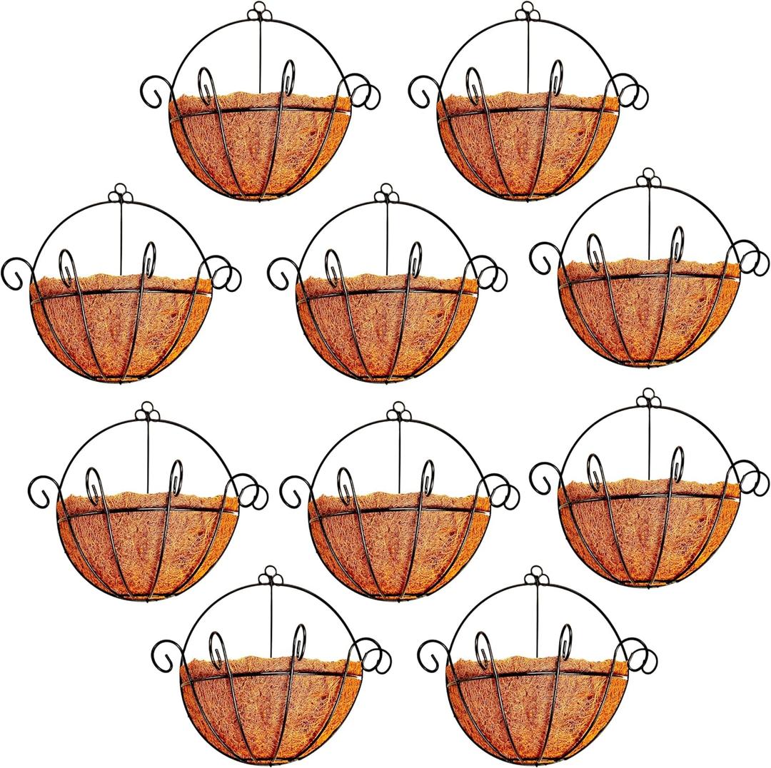 ShopLaLa Wall Planters Outdoor Plants (10 Pack, 10 Inch) Balcony Planters Railing Hanging Fence Planter Over Railing with Coco Liner, Wall Mounted Flower Basket Metal Wire Deck Porch Patio Garden