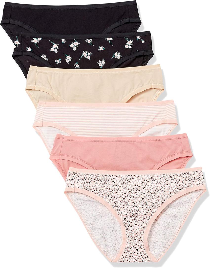 Amazon Essentials Women's Breathable Cotton Bikini Brief Underwear with Full Coverage, Multipacks (Large, Ditsy Floral/Floral/Mini Stripe/Multicolor)