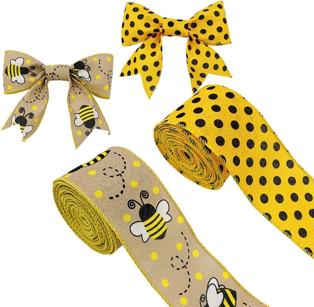 12 Yards Bumble Bee Ribbons Bee Wired Edge Ribbon Honeybee Decorative Ribbons for Wrapping Floral Hanging Ornaments Home Decoration