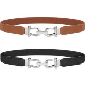 JASGOOD Women Stretchy Waist Belt Retro Elastic Skinny Belt for Ladies with Gold Buckle (M Belt Length 31in,Up to 35in, F-silver Buckle Black+brown)