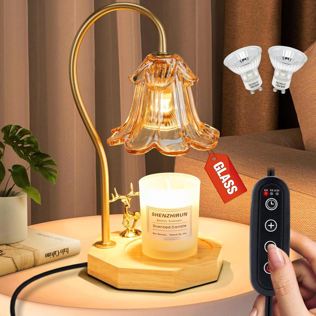 Oak Leaf Candle Warmer Lamp with Timer, Dimmable Reindeer Glass Flower Candle Light Warmer, Fragrance Wax Melt Warmer, Comes with 2 Bulbs for Most Jar Candles, Home Decor Gift for Women