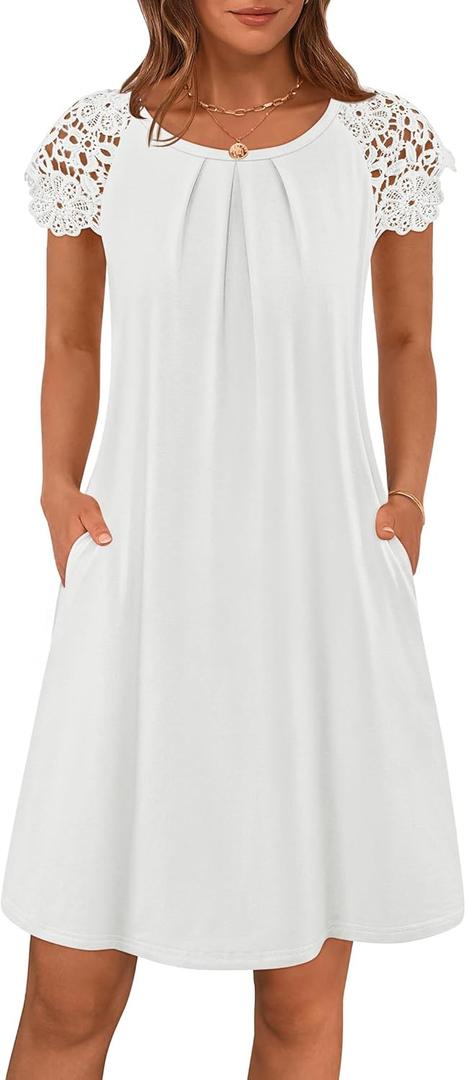 MEROKEETY Women's Casual Summer T Shirt Dress Beach Vacation Lace Sleeveless Flowy Pleated Mini Sundress (White), Medium