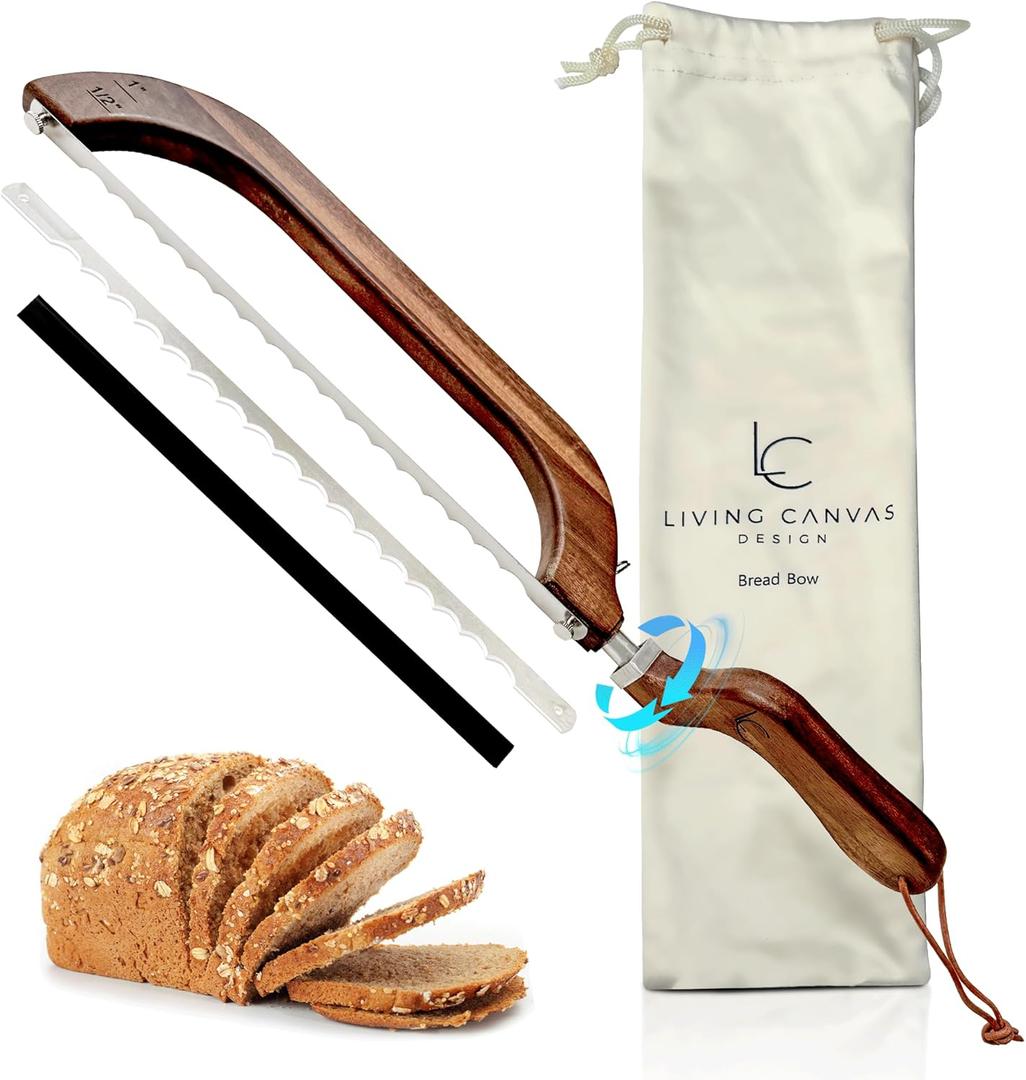 Bread Bow Knife for Homemade Bread, Wooden Sourdough Bread Slicer with 2 Replaceable Blades and Adjustable Handle, Stainless Steel Serrated Blade Bread Cutter for Breads Bagels Baguettes