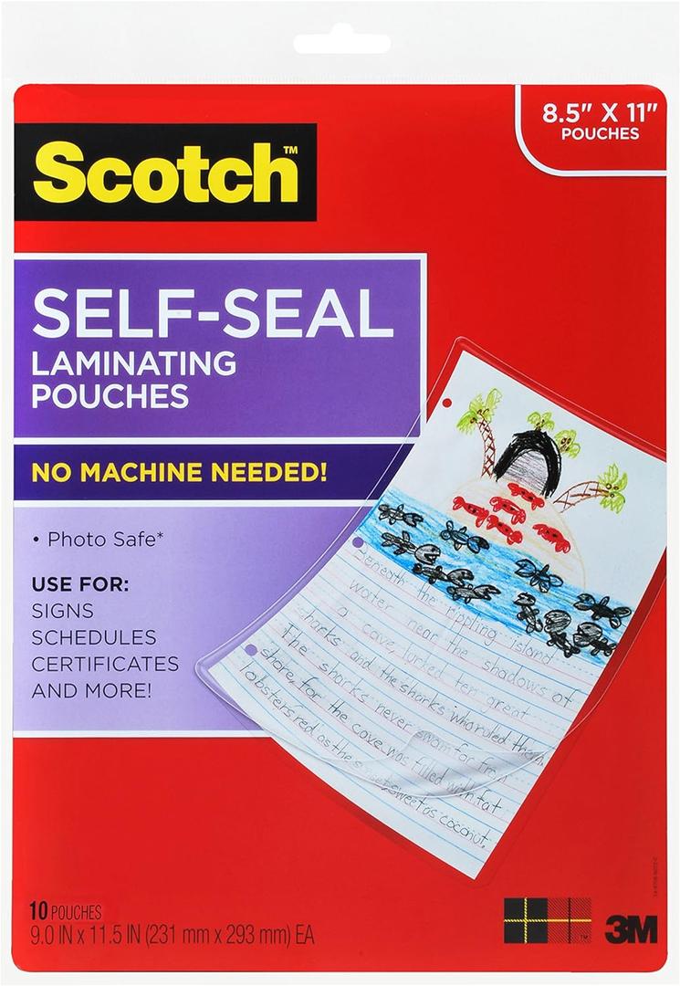 Scotch Self-Seal Laminating Pouches, 9.0 in x 11.5 in Letter Size, Easy to Use and No Laminator Needed, 10 Pack