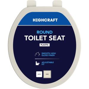 HIGHCRAFT Premium Round Toilet Seat with Adjustable Hinges - Molded Plastic Toilet Seat - Fits Standard Round Toilets - Round Seat in Bone/Beige