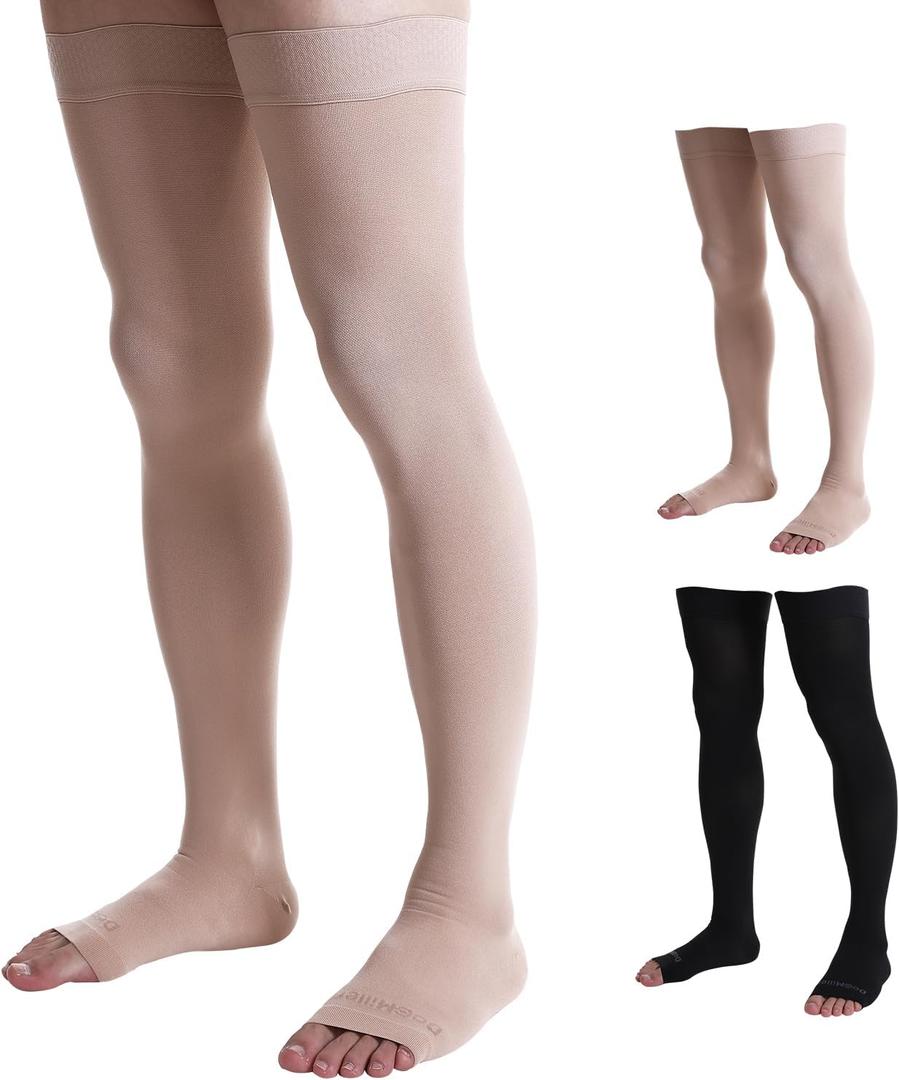 Doc Miller Thigh High Open Toe Compression Stockings 15-20mmHg for Varicose Veins, Pregnancy Support Open Toe Thigh High Compression Socks for Women and Men (X-Large, Beige)