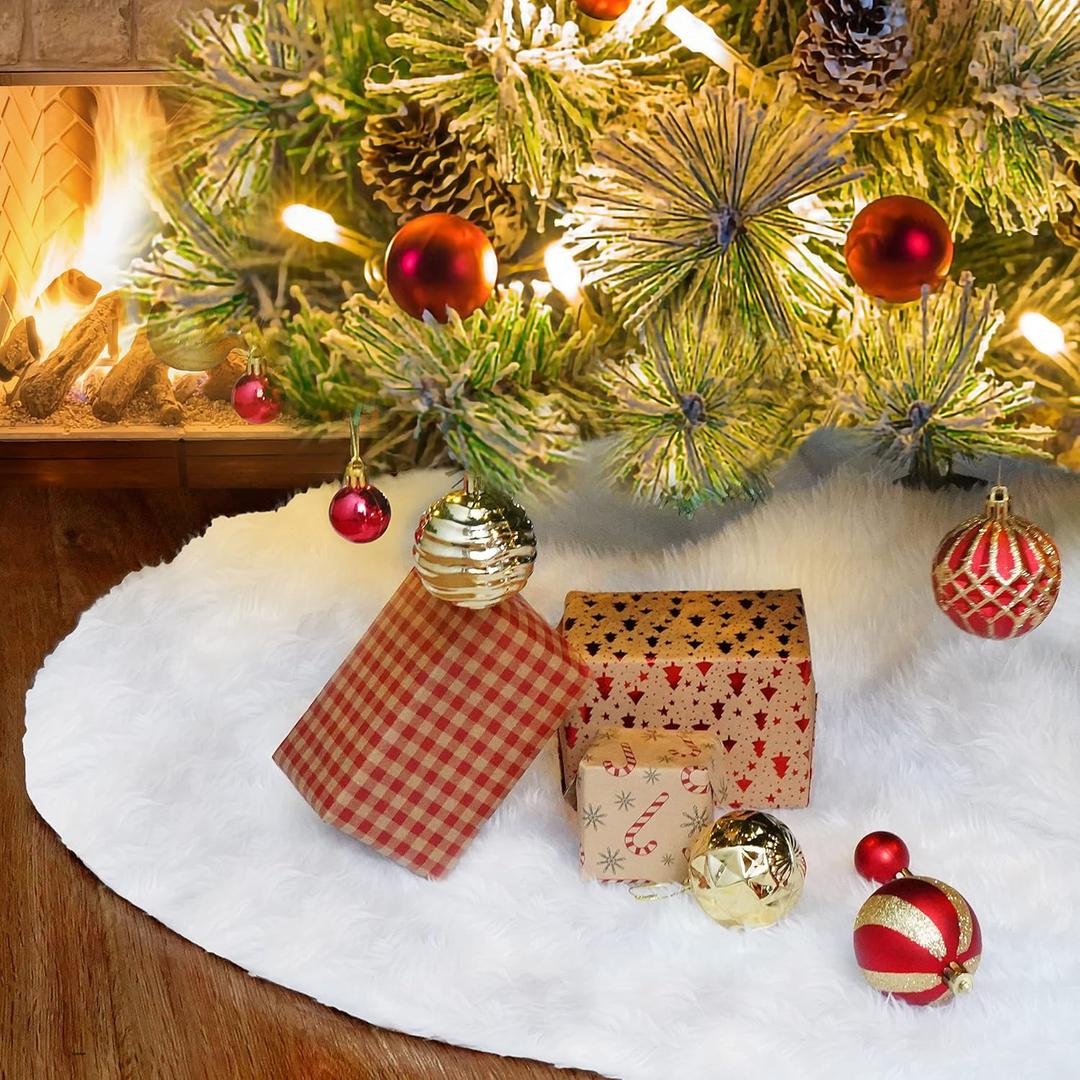 48inch White Christmas Tree Skirt - Faux Fur Plush White Tree Skirts for Home Christmas Tree Decoration Holiday Party Christmas Decorations