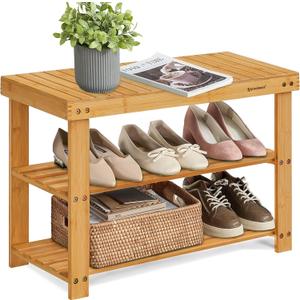 SONGMICS Shoe Rack Bench, 3-Tier Bamboo Shoe Storage Organizer, Entryway Bench, Holds Up to 286 lb, 11.3 x 27.6 x 17.8 Inches, for Entryway Bathroom Bedroom, Natural ULBS04N