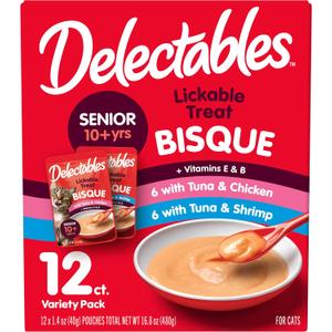 Delectables Lickable Treat Bisque Senior 10+ Wet Cat Treat Variety Pack, Food Topper, Hydrating, Grain-Free, No Fillers, No By-Products, No Added Preservatives, 1.4oz Pouch, 12ct (EXP 02/21/27)