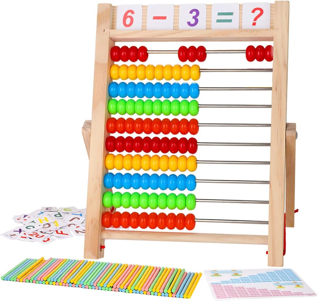 Wooden Abacus for Kids Math, Educational Counting Toy with Counting Sticks and Number Alphabet Cards, Preschool Learning Toys Gift for Boys Girls Age 3+ Years Old
