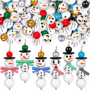 150PCS Christmas Snowman Wooden Beads, Colorful Print Wooden Beads with Twine Scarf for DIY Crafts Christmas Party Christmas Tree Home Decoration
