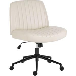 UOCFYK Criss Cross Chair with Wheels, Ergonomic Armless Swivel Comfy Vanity Seat, Wide Back Support Adjustable Height for Home Office Bedroom Computer Gaming Makeup, Beige Leather