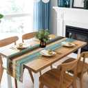 Farmhouse Linen Table Runner, Blue Brown Teal Green, Grateful Thanksgiving Table Runners 90 inches Long - Heat Resistant Waterproof Wood Rustic Retro Runner for Kitchen Dining Living Room Coffee Table