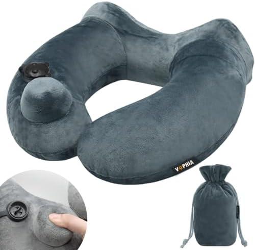1 Pack Inflatable Travel Neck Pillow with Compact Bag and Washable Cover for Sleeping Airplane Soft Velvet Pillow for Long Flight Neck Cushion for Head Support Car Home Office (GreyGreen 1pack)