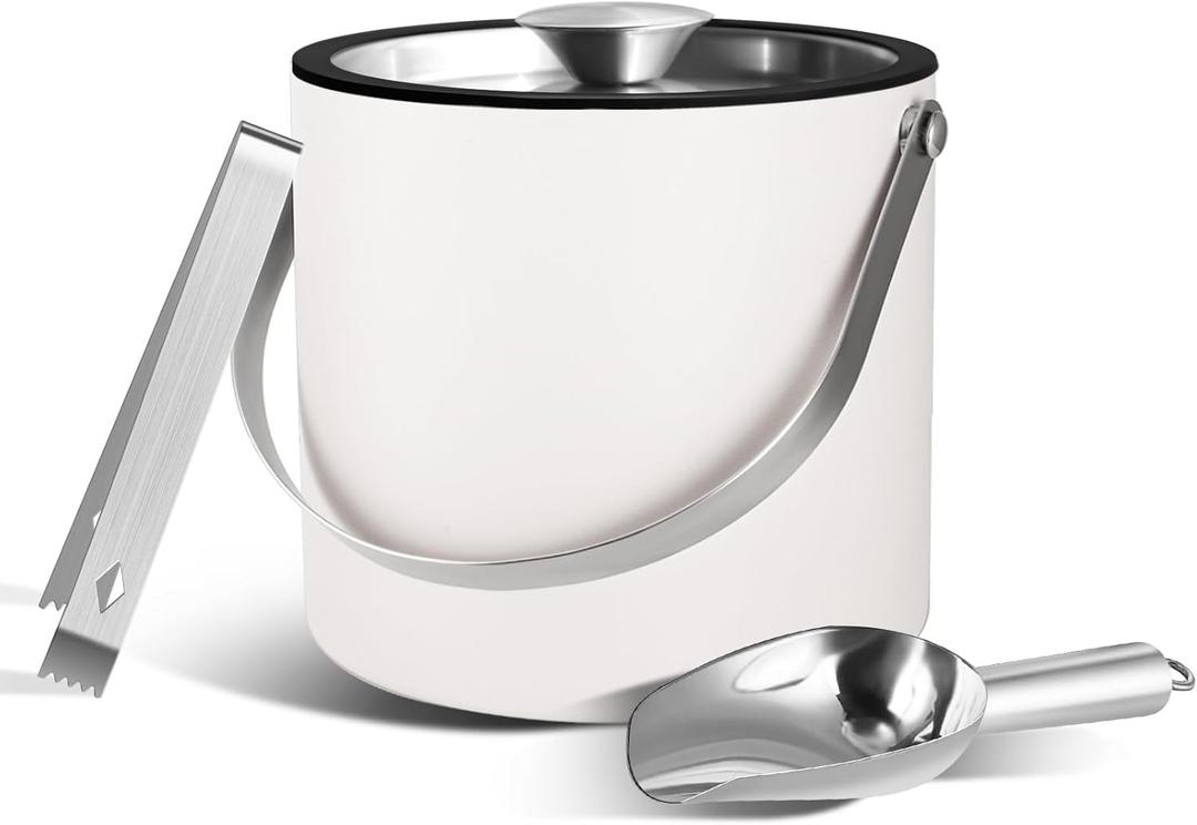 Insulated Ice  with Silicone Lid, Scoop, Tongs & Strainer, 3L Stainless Steel Double Wall Ice Buckets for Parties & Cocktail Bar, Champagne Ice with Lid for Freezer, Ivory (Moonlit White)