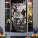 Horrible Horror Door Banner Cover for Halloween Party Decoration, Halloween Wall Decoration Backdrop, Holiday Home Hanging Decor Party Supplies Photo Background