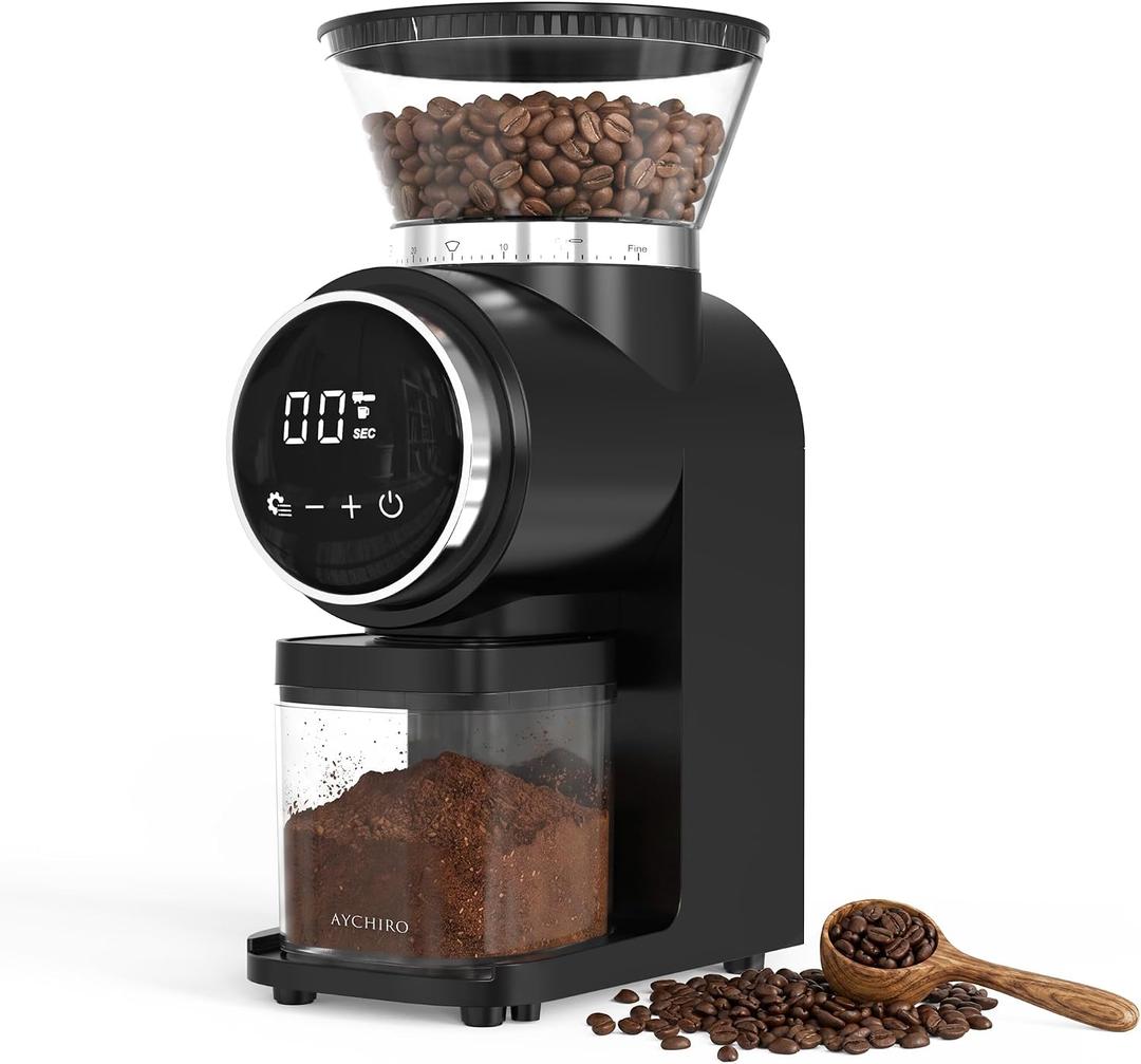 AYCHIRO Electric Conical Burr Coffee Grinder, Touchscreen Coffee Grinder for Home Use, Compact Burr Mill Grinder with 30 Grind Settings, Detachable Hopper & Coffee Container, Black