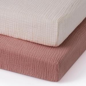 Blissful Diary Muslin Mini Crib Sheets, Pack and Play Mattress Sheets Fitted for Pack N Play, Soft Cotton for Boys Girls, 2 Pack(Dusty Pink&Cream)