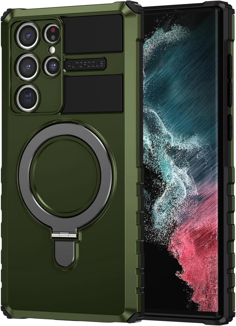 Compatible with Samsung Galaxy S22 Ultra Magnetic Case with Ring Kickstand [Compatible with MagSafe] Military Grade Heavy Duty Case for Samsung S22 Ultra 6.8'' (Not Fit S22), Green