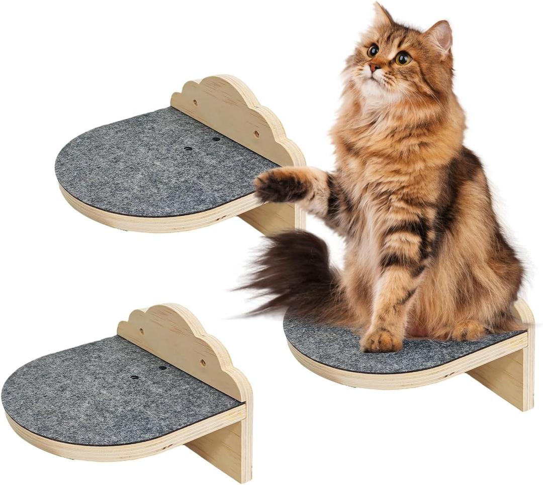 3 Pcs Cat Steps for Wall, 7.5"7.5" Wooden Cloud-Shaped Climbing Ladder Stairs & Wall Mounted Cat Shelves with Felt Pads, Suitable for Indoor Kittens and Adult Felines