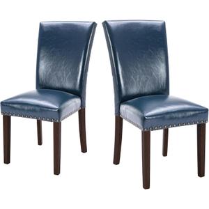 COLAMY Upholstered Parsons Dining Chairs Set of 2, PU Leather Dining Room Kitchen Side Chair with Nailhead Trim and Wood Legs - Blue (L-blue)