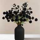 RyddeligHome Black Artificial Flowers for Centerpieces Bulk 10 Long Stems /50 Small Faux Silk Mum Balls + Black Eucalyptus Stems 2 Branches, Fall Boho Halloween Home Decor Indoor, Gothic Flowers