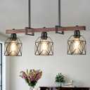3-Light Vintage Industrial Pendant Light Over Table, Adjustable Hanging Light with Walnut Finish & Matte Black Metal Frame, E26 Base Modern Rustic Chandelier for Kitchen Island, 26.6-inch