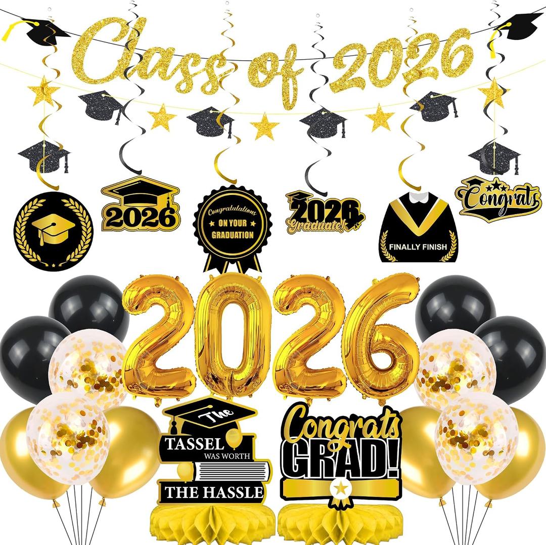 Graduation Decorations Class 2026 Grad - 26 Pcs Black Gold Graduations Caps Banners Balloons Table Honeycomb Centerpieces Haing Swirls Party Supplies for Senior High School College Congrats Decor
