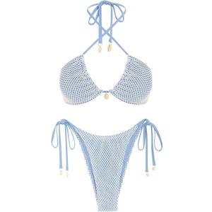ZAFUL Women's Triangle Bikini Multiway Fishnet Tie Side Bandeau Halter String Bikini Set Two Piece Swimsuit Bathing Suits (X-Large, 1-light Blue)