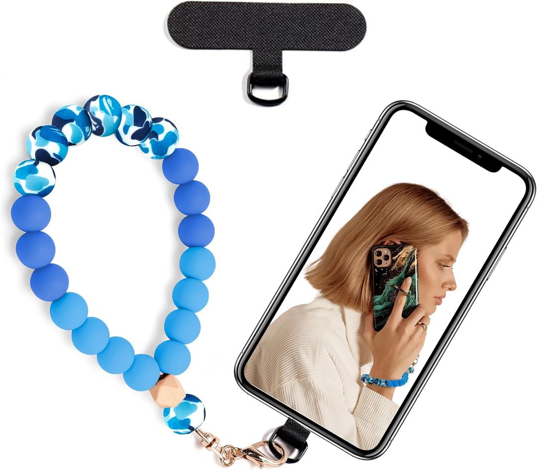 Silicone Beaded Phone Wrist Strap,phone bracelet strap with Tether Tab,Elastic Hands-Free wristlet strap (Dark Blue)