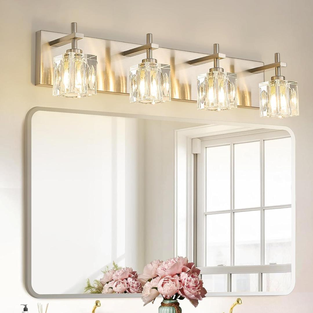 VitaLink Modern Crystal Bathroom Vanity Light 24-Inch Vanity Light Over Bathroom Mirror 4-Light Wide Backplate Wall Light for Bathroom Living Room